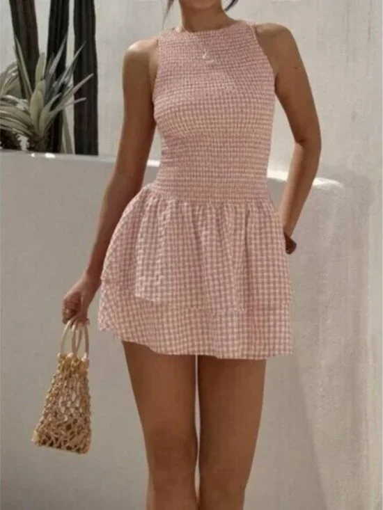 New Blue Plaid Sleeveless Bodycon Mini Dress, Sweet French Style For Vacat - Picture 4 of 7